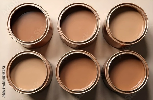 Fototapeta Top view of open cans of paint in color of the year mocha mousse on light background