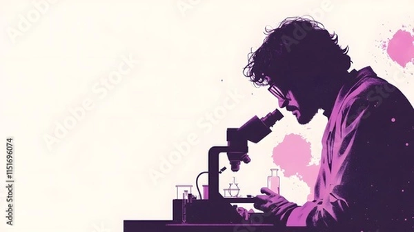 Obraz A scientist is looking through a microscope in a laboratory. This flat vector illustration has a white background, a simple design
