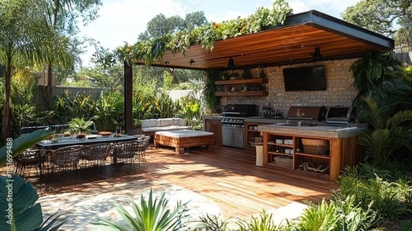 Fototapeta luxurious modern terrace in the garden with barbecue and TV