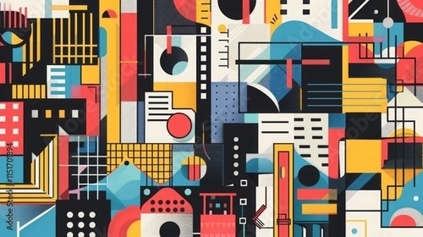 Obraz A vibrant and modern abstract composition featuring geometric shapes, colorful patterns, and architectural elements, representing contemporary business dynamics, creativity