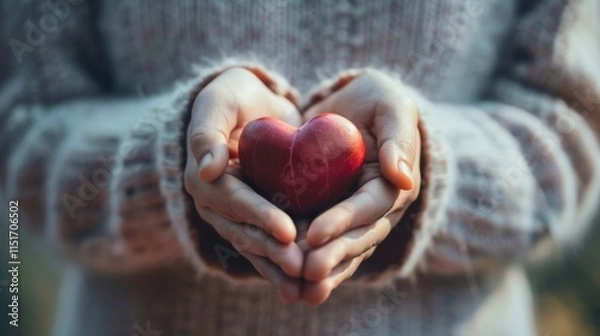 Fototapeta Close-up of hands gently holding a red heart symbolizing care, love, and compassion in a serene setting.