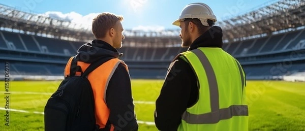 Fototapeta Two men in safety vests discussing on a sports field.