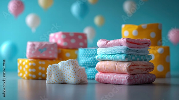 Obraz Colorful disposable diapers and baby wipes on table with playful balloon background