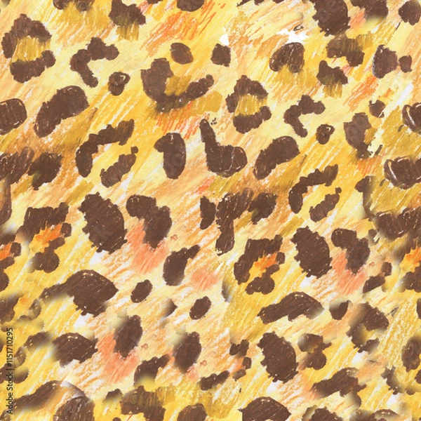 Fototapeta  Leopard texture wax crayons seamless pattern on white isolated background. Texture and animal repeating pattern. Design for textiles, wrapping paper and wallpaper.