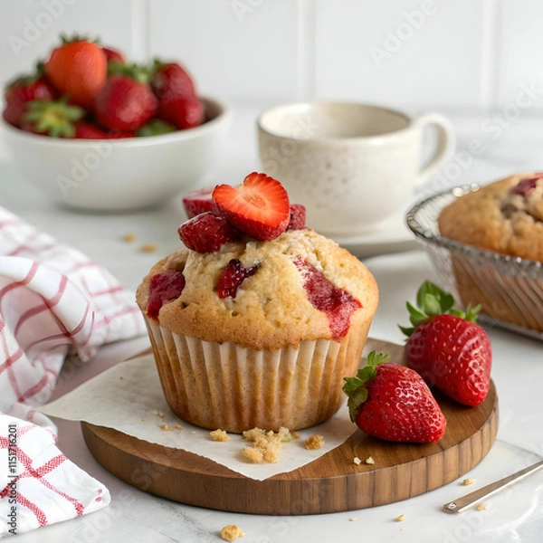 Fototapeta A delicious strawberry muffin, soft and moist, bursting with fresh strawberries,