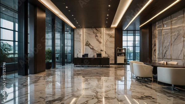 Obraz Stylish office interior featuring marble flooring, modern furniture, and large windows. elegant design creates sophisticated atmosphere for work and meetings