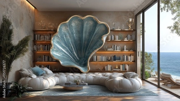 Obraz Luxurious living room with ocean view, featuring a large shell-shaped sculpture above a comfortable sectional sofa and built-in bookshelves.
