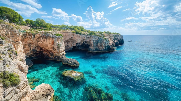 Fototapeta Stunning cliffs and azure waters of Majorca, Spain coastal view