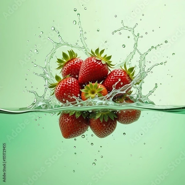 Fototapeta strawberry falling into water, Fresh Strawberries Splashing in Water, a Vibrant Food Image