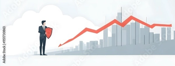 Fototapeta Businessman holding a shield in front of a falling graph line with a red downward arrow on a city background, a flat vector illustration