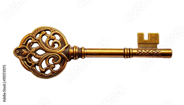 Obraz Golden skeleton key isolated on transparent background. Close-up of antique decorative key. Symbol of elegance, mystery and revealing secrets.