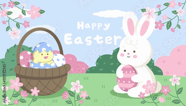 Fototapeta Happy Easter banner cover vector elements. Playful cute white bunny holding Easter eggs, cute chick hatched from an egg in a basket of eggs, hand drawn. Spring flowers and a branch of leaves