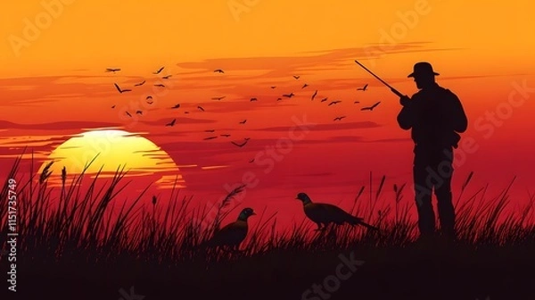 Fototapeta Illustration of a hunter with a dog hunting pheasants, with a sunset background