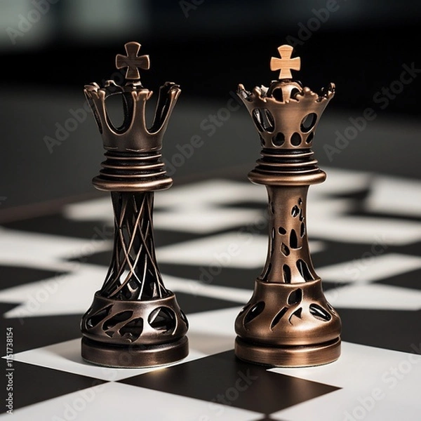Fototapeta Two decorative chess queens on a chessboard.