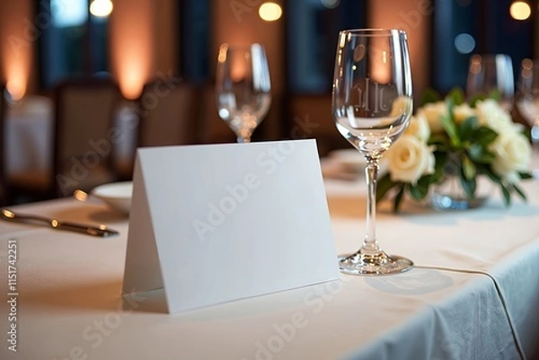 Fototapeta Horizontal card mockup leaning against a wine glass on a table with a white tablecloth, silver cutlery, and a floral centerpiece, lit with soft ambient lighting for a formal and sophisticated feel