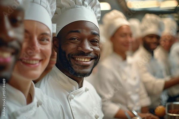 Fototapeta Smiling chefs in a kitchen showcasing teamwork and passion for culinary arts in lively atmosphere.
