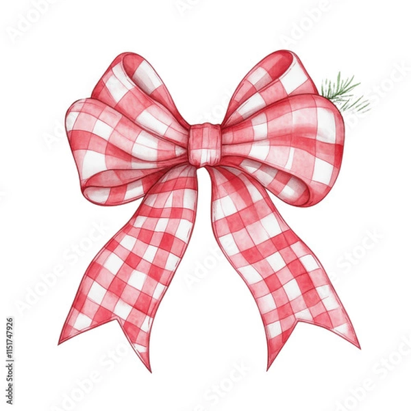 Fototapeta Red gingham Christmas bow with festive greenery, hand painted in watercolor style