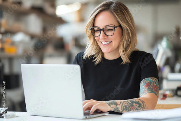 Obraz Confident professional woman with tattoos and glasses working on a laptop in a modern office setting. Bright and motivating work environment.