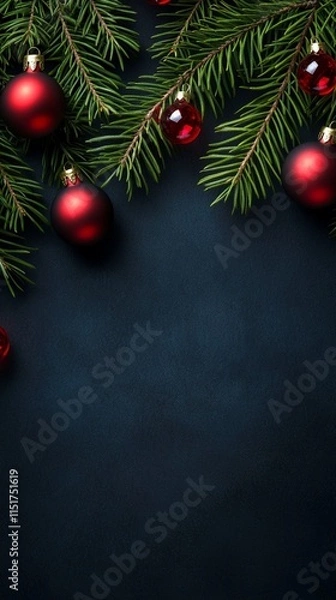 Fototapeta Festive Christmas border with fresh green pine branches decorated with shiny red baubles against dark background, perfect for holiday greeting card design.
