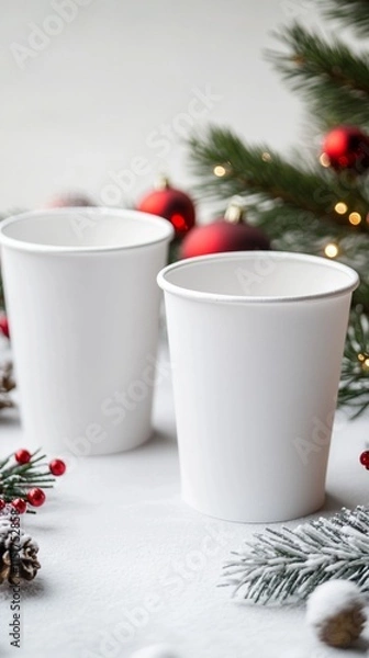 Fototapeta Two white disposable paper cups surrounded by festive Christmas decorations including pine branches, red baubles, berries, and pinecones on a bright white surface with bokeh lights.