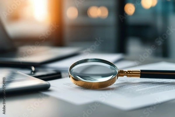 Fototapeta Business document approval under magnifying glass in office setting