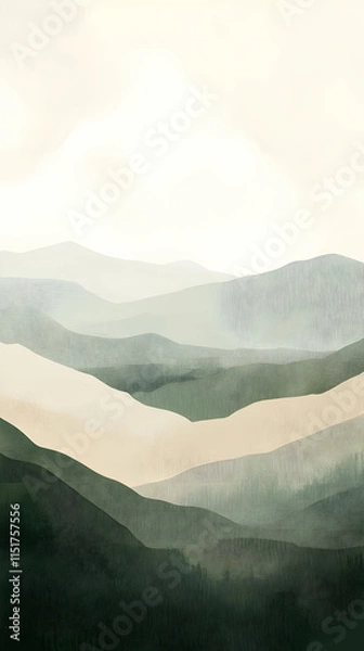 Fototapeta A serene landscape featuring layered mountains in soft, muted colors.
