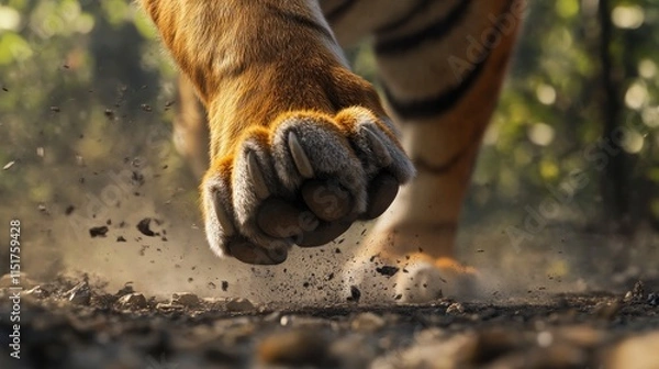 Fototapeta Close-up of a tiger's paw running, kicking up dust on the ground.
