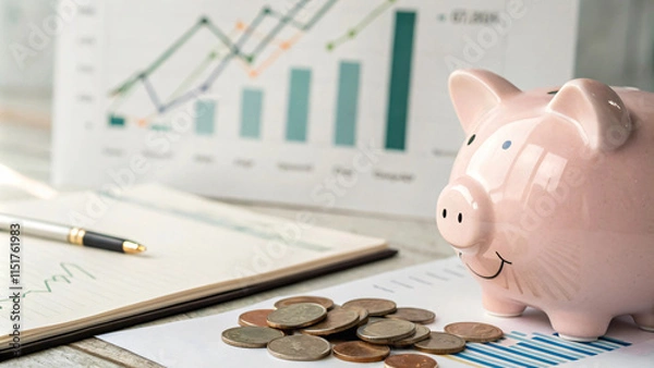 Fototapeta piggy bank surrounded by coins and financial documents, symbolizing savings and investment growth