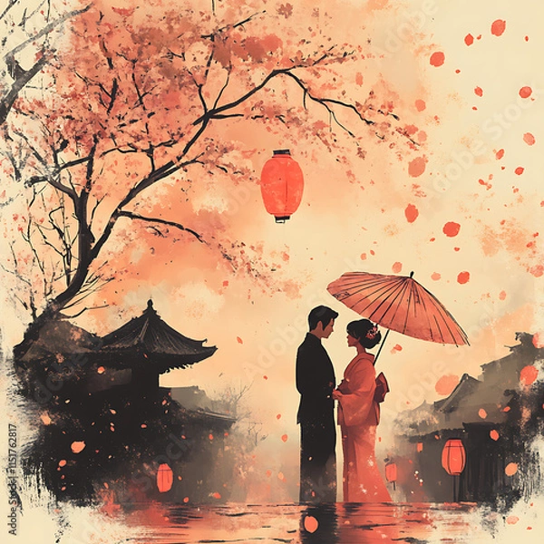 Fototapeta Romantic Couple Standing Under a Sakura Tree with Umbrella Surrounded by Lanterns at Dusk, Capturing a Serene and Dreamlike Moment of Love