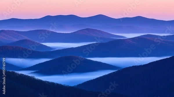 Fototapeta Misty Mountains at Dawn Soft Hues of Purple and Blue