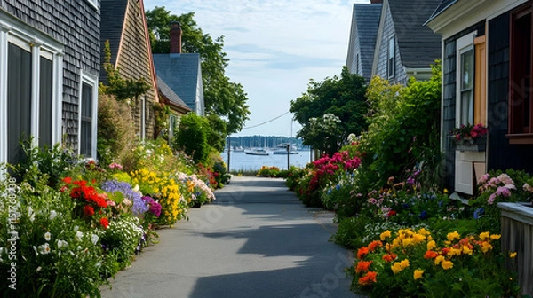 Obraz Quiet waterfront street in Newport Rhode Island with colonial-style homes and vibrant flower gardens