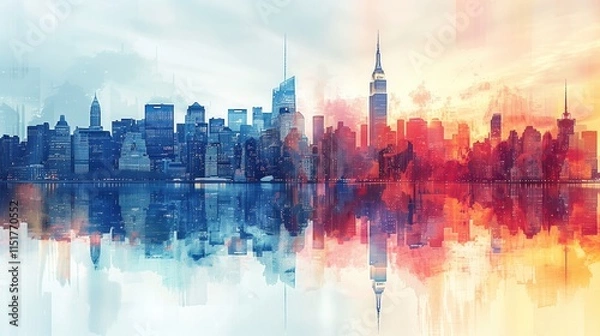 Fototapeta new york skyline double exposure, light colours, clean modern look for financial newsletter service