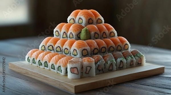 Obraz A beautifully arranged pyramid of sushi on a wooden platter, showcasing various types of rolls.