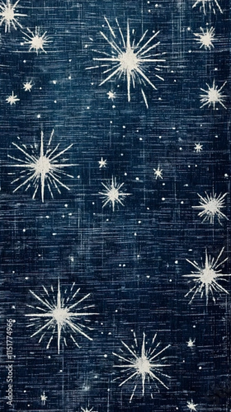 Obraz A dark blue background adorned with white stars and bursts, creating a cosmic pattern.