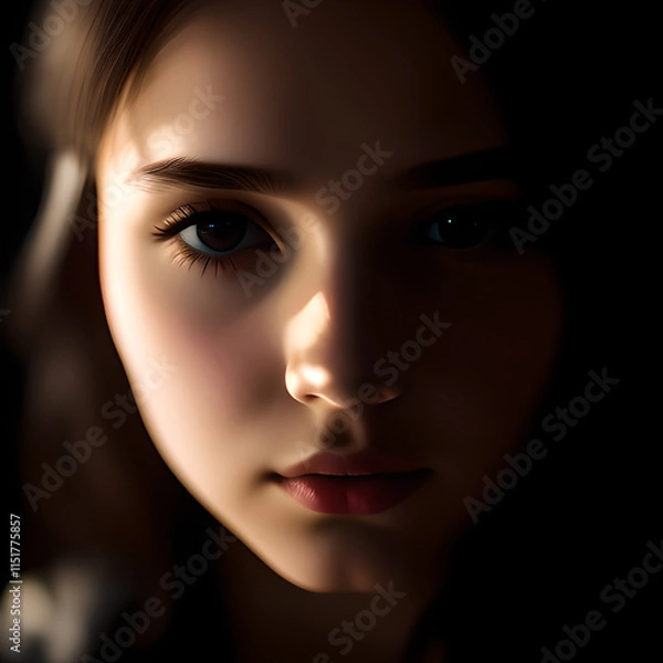 Fototapeta Close-up of a young girl in a yellow dress, smirking playfully with sparkling blue eyes, set against a blurred background.generative ai