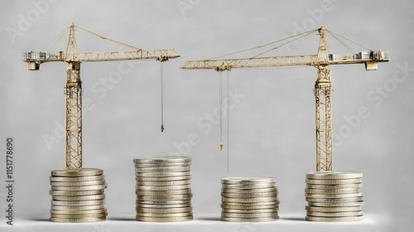 Fototapeta Construction Cranes Above Stacks Of Coins Representing Investment