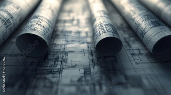 Obraz A close-up of rolled architectural blueprints, showcasing intricate designs and technical details.