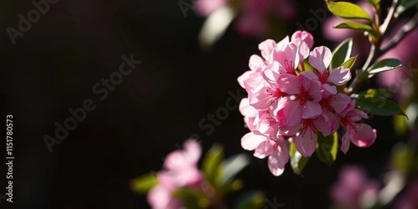Fototapeta A cluster of delicate pink blossoms on a branch, bathed in soft sunlight against a dark background