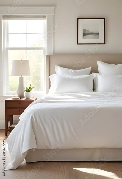 Fototapeta Bright Sunlit Bedroom with Neatly Made Bed, Crisp White Sheets, and Pillows