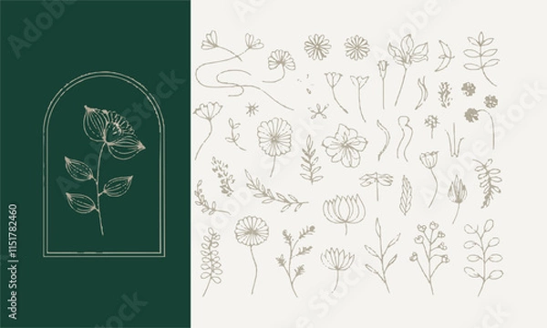 Fototapeta Modern vector-style illustration of boho-inspired floral and botanic design elements in wavy and vintage style., easily editable.