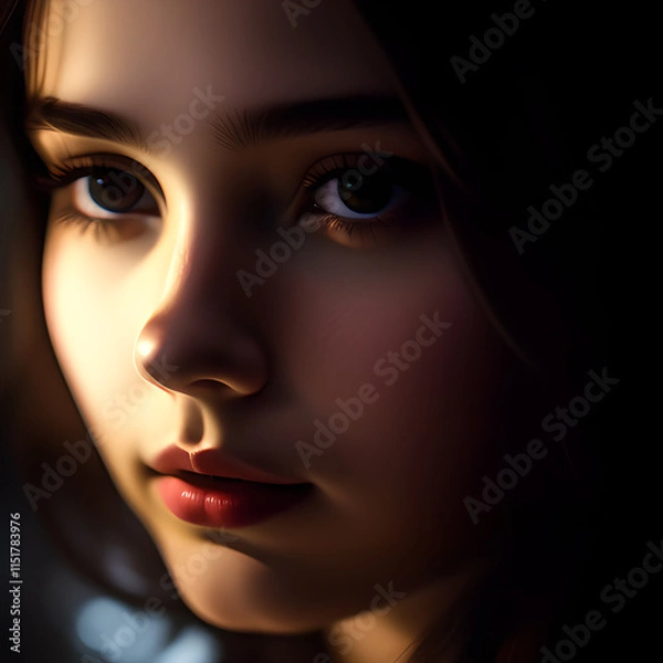 Obraz Close-up of a young girl in a yellow dress, smirking playfully with sparkling blue eyes, set against a blurred background.generative ai