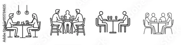 Fototapeta Modern isolated pictograms on a white background with editable stroke, featuring a line sign of three people sitting at a table for a meeting room, discussion, business conference, and support group