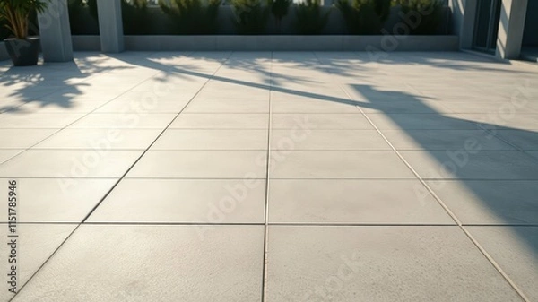 Fototapeta Sunlight illuminates a modern outdoor patio with light beige square tiles and subtle shadows cast by nearby vegetation