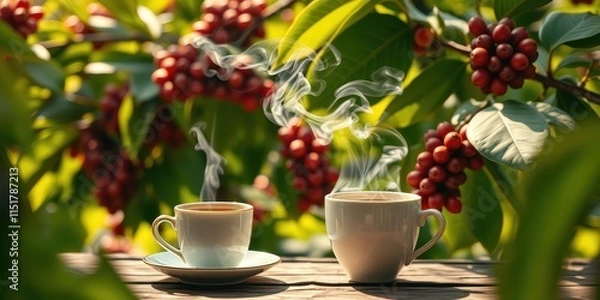 Fototapeta Two steaming cups of coffee on a rustic wooden surface, nestled amidst lush coffee plant foliage with ripe berries
