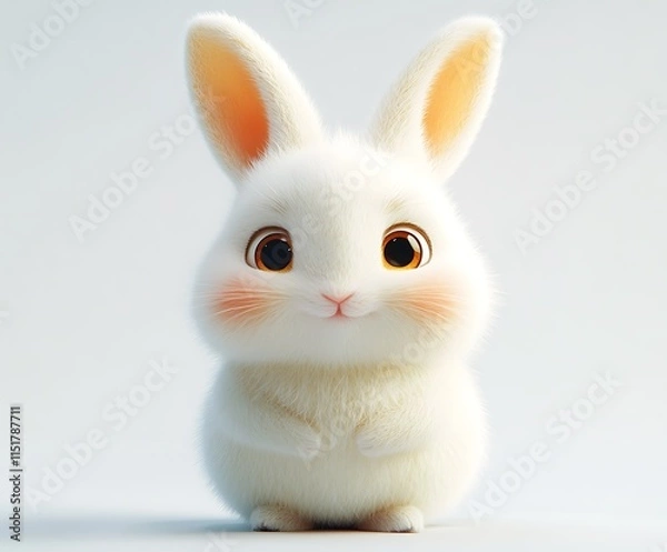 Obraz Adorable fluffy white bunny rabbit, cartoon style, sitting.