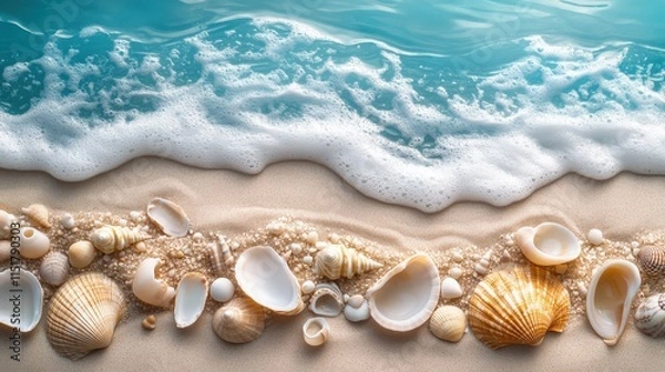 Fototapeta A peaceful close-up of smooth sand scattered with seashells, with the serene ocean waves gently lapping at the shore.