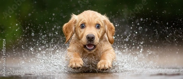 Fototapeta A playful golden puppy splashes through water, showcasing joy and energy in a vibrant outdoor setting.