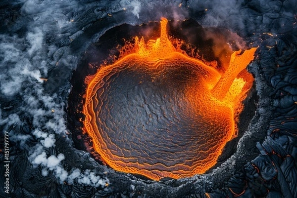 Obraz Stunning aerial perspective of a volcano crater eruption with flowing lava and dramatic landscape