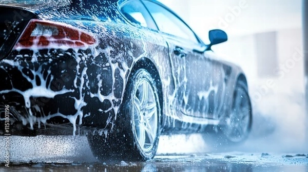 Fototapeta A grey car is undergoing a thorough wash with soap, surrounded by a backdrop of a car wash facility. Water sprays and foam cover the vehicle, creating a refreshing atmosphere