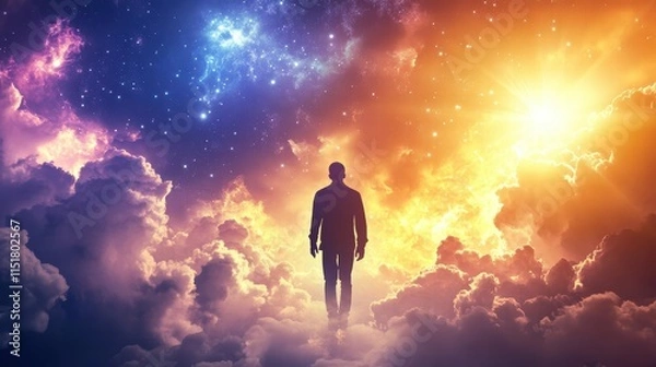 Fototapeta In a vibrant cosmic landscape, a solitary figure stands amidst an array of colorful clouds and stars, embodying the essence of ley de la atraccion and personal growth
